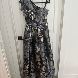 Eliza J One-Shoulder Dress with Black and Gold Floral Design
